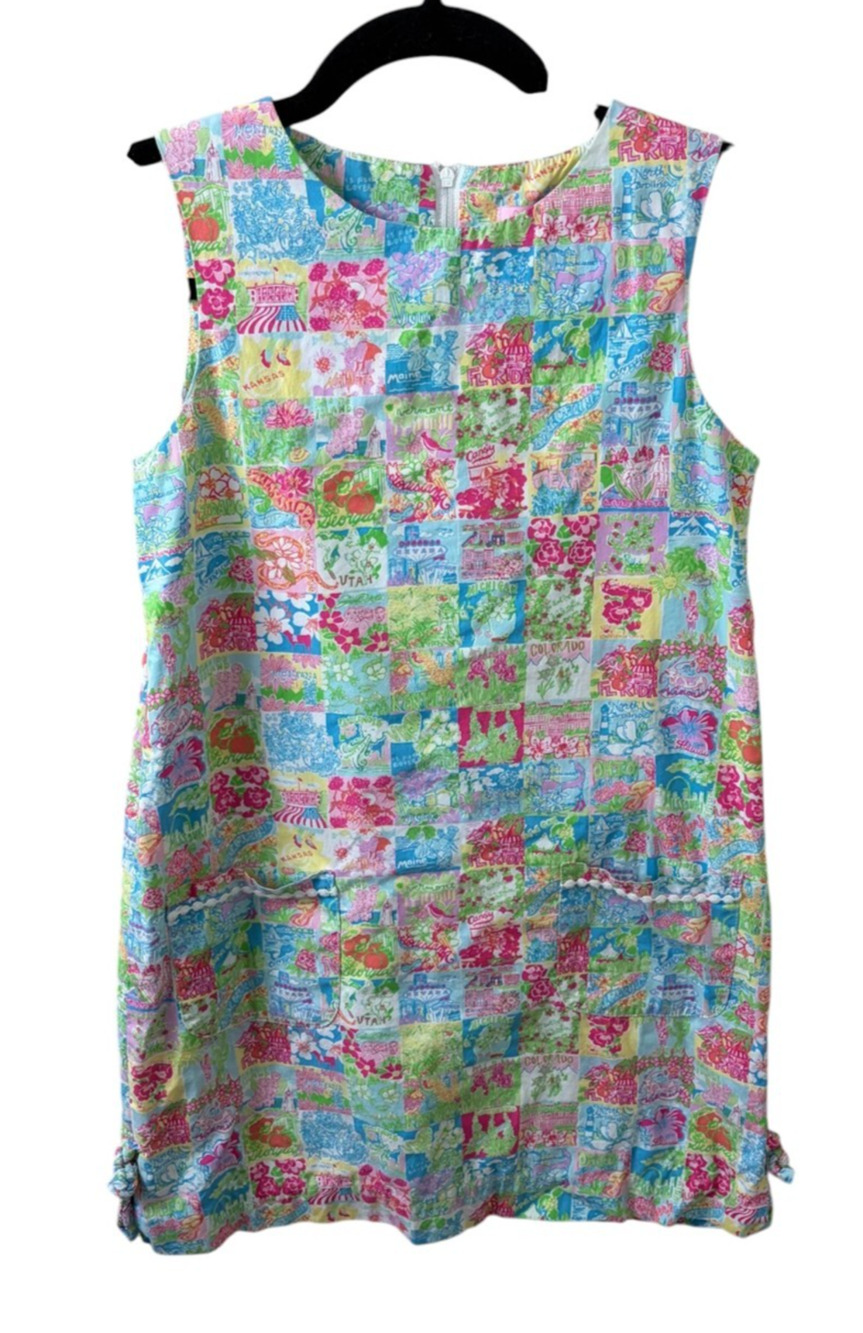 Lilly Pulitzer State Of Mind Cotton Shift Dress States Patchwork Size 12